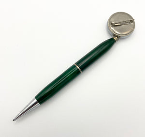Retractable lead pencil, on a 17" chain,  green & chrome brooch & pin