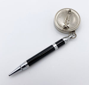 Retractable lead pencil, on a 14" chain, black & chrome brooch & pin 1950's