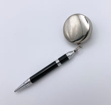Load image into Gallery viewer, Retractable lead pencil, on a 14&quot; chain, black &amp; chrome brooch &amp; pin 1950&#39;s