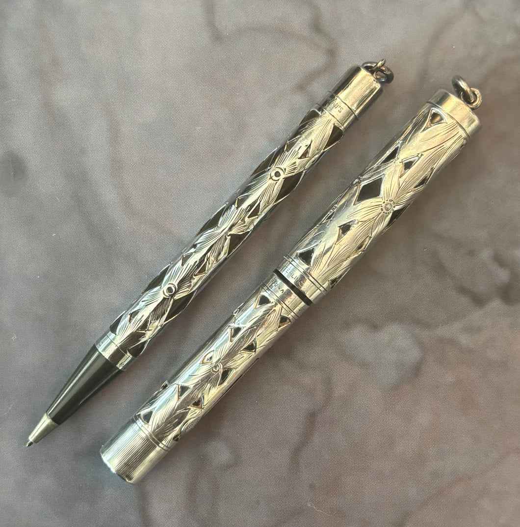 Waterman 452 1/2 V Fountain Pen & Pencil- Fully Etched Sterling