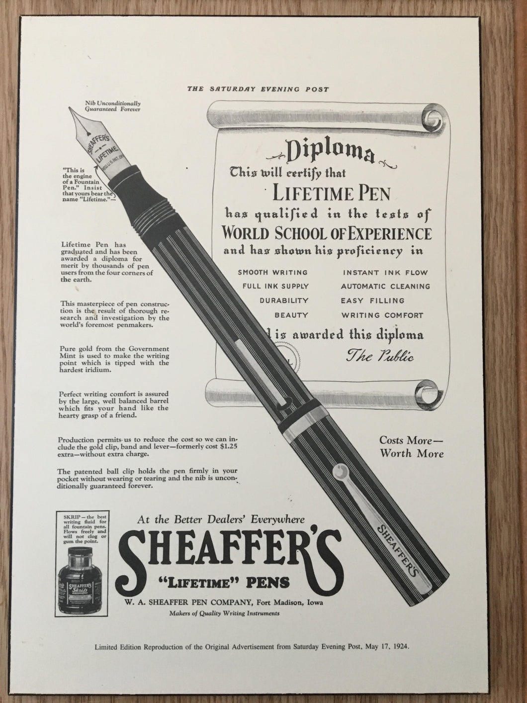 Vintage Ads. Mounted Sheaffer's Lifetime
