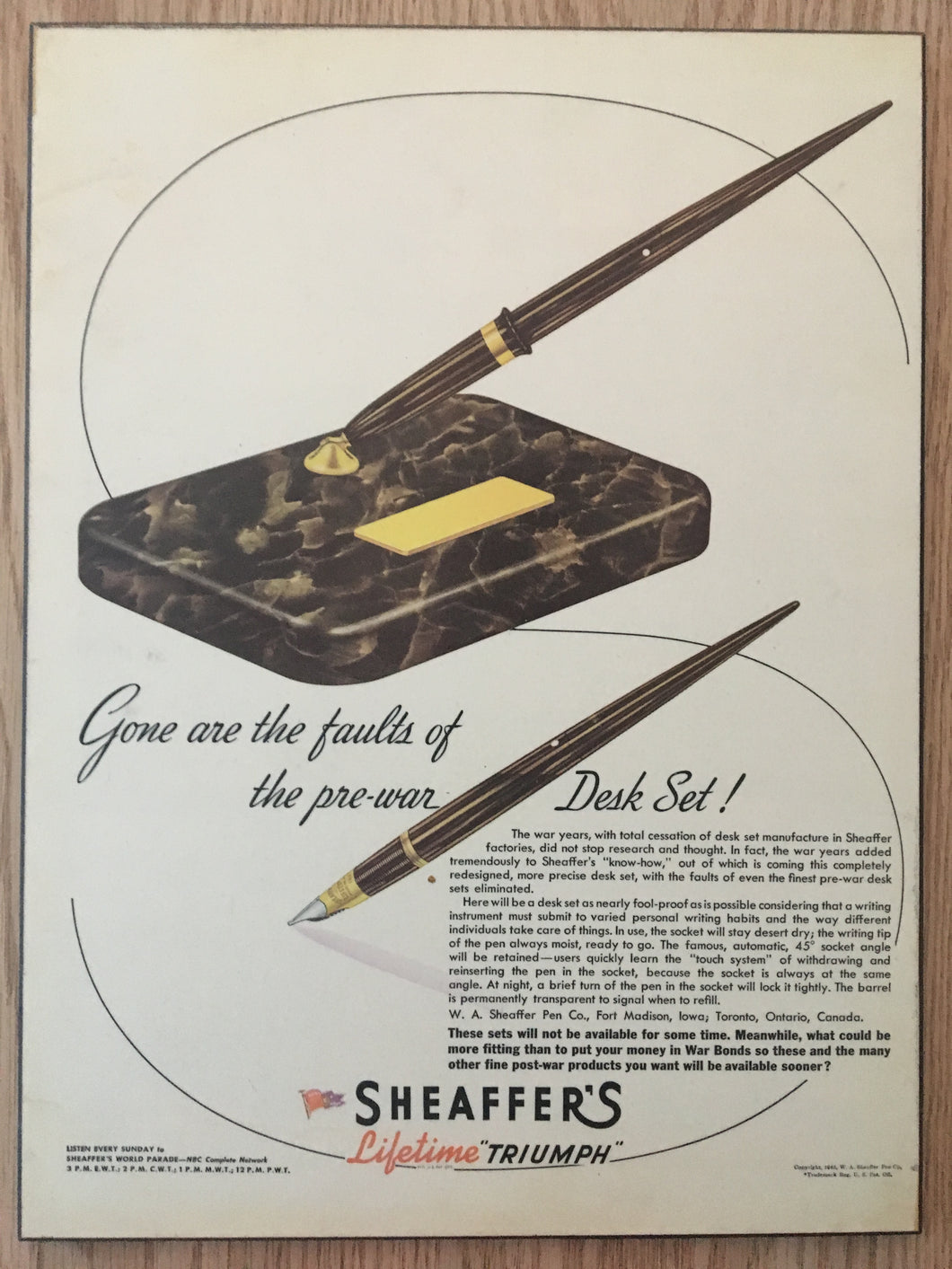 Vintage Ads. Mounted: Sheaffer's Lifetime desk set