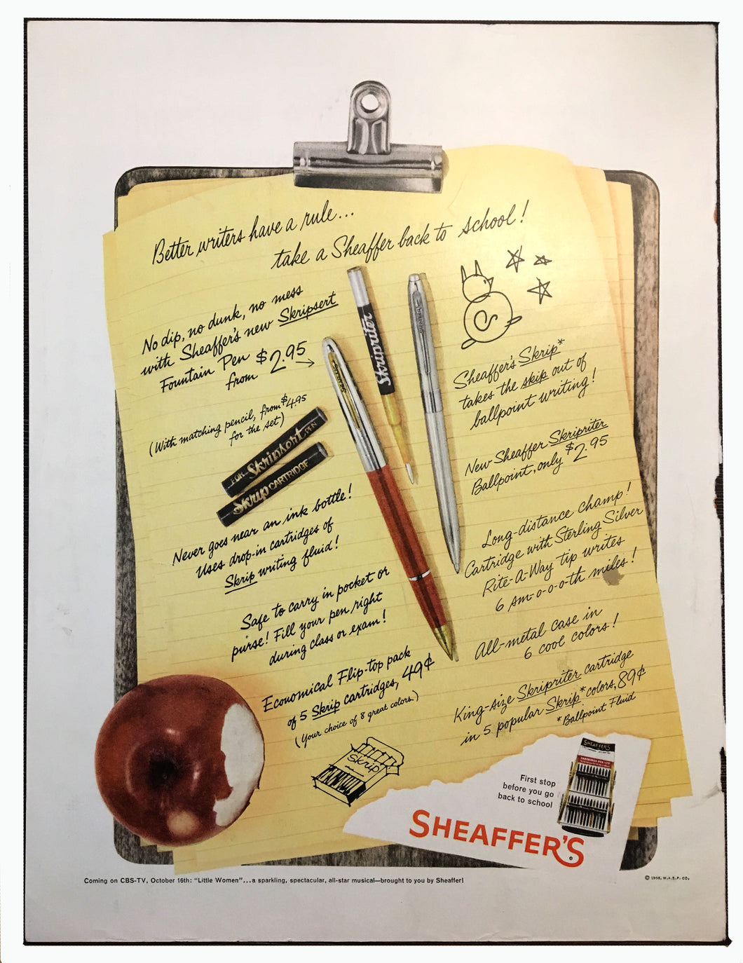 Sheaffer's Skripsert, accessories, Life Magazine, August 18, 1958