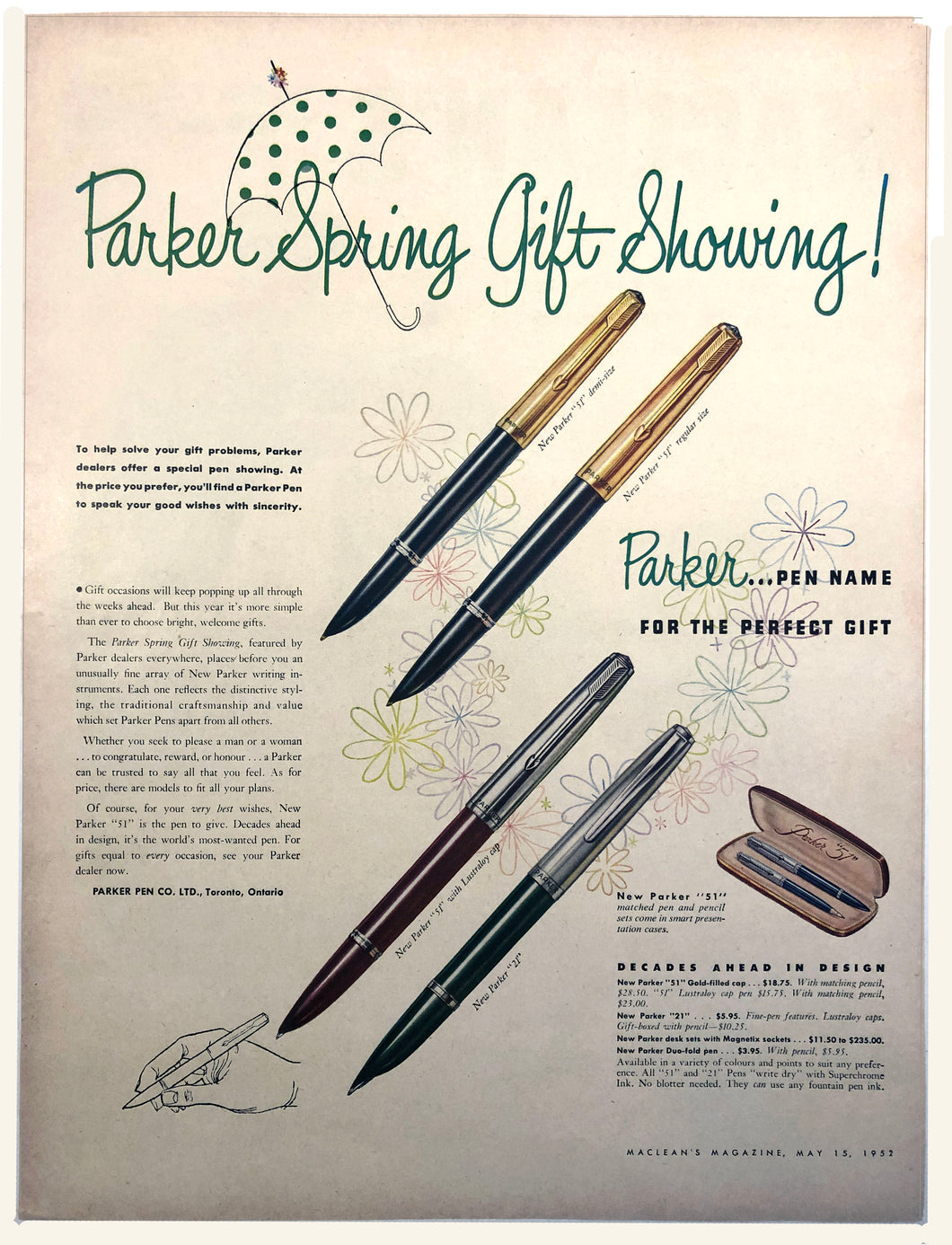 Parker 51 demi-size - reg. size, MacLean's, May 15, 1952
