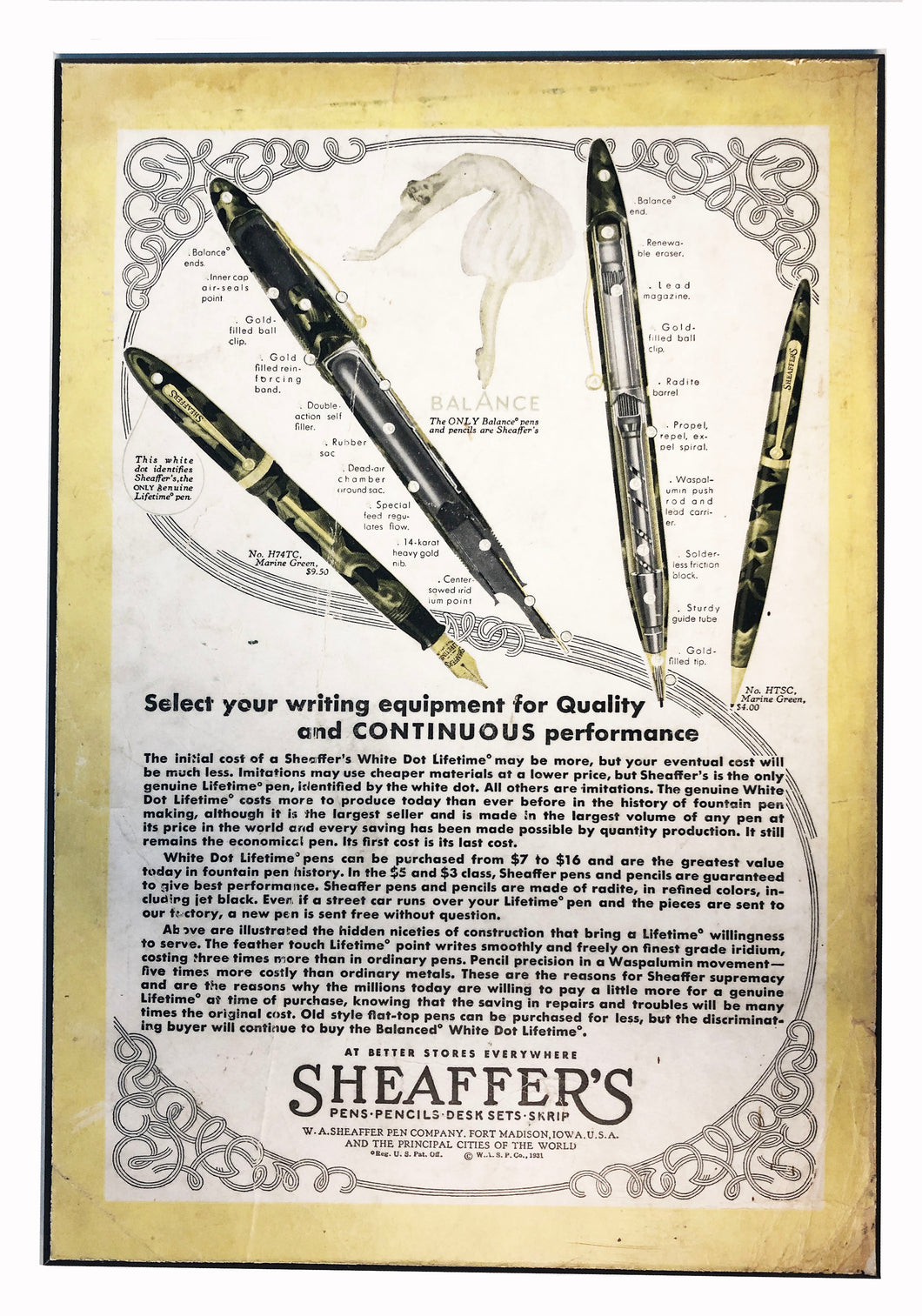 Vintage Ads. Mounted: Sheaffer's White Dot Lifetime. Balance