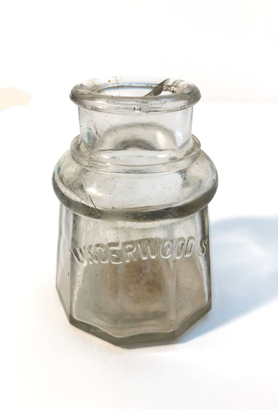 Ink Bottle, Underwood's, clear glass, empty