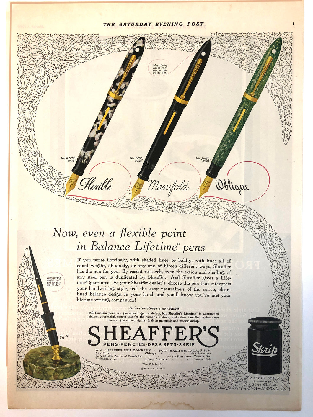 Sheaffer's Balance nibs, The Saturday Evening Post 1930